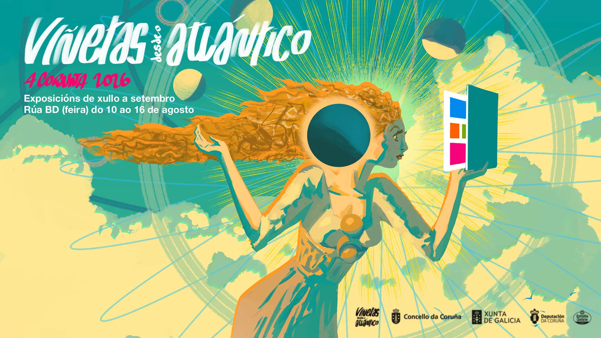 Cartel Viñetas desde o Atlántico 2026. Autor: Miguel Robledo. Ilustración de muller lendo un cómic parcialmente tapada por un eclipse.
