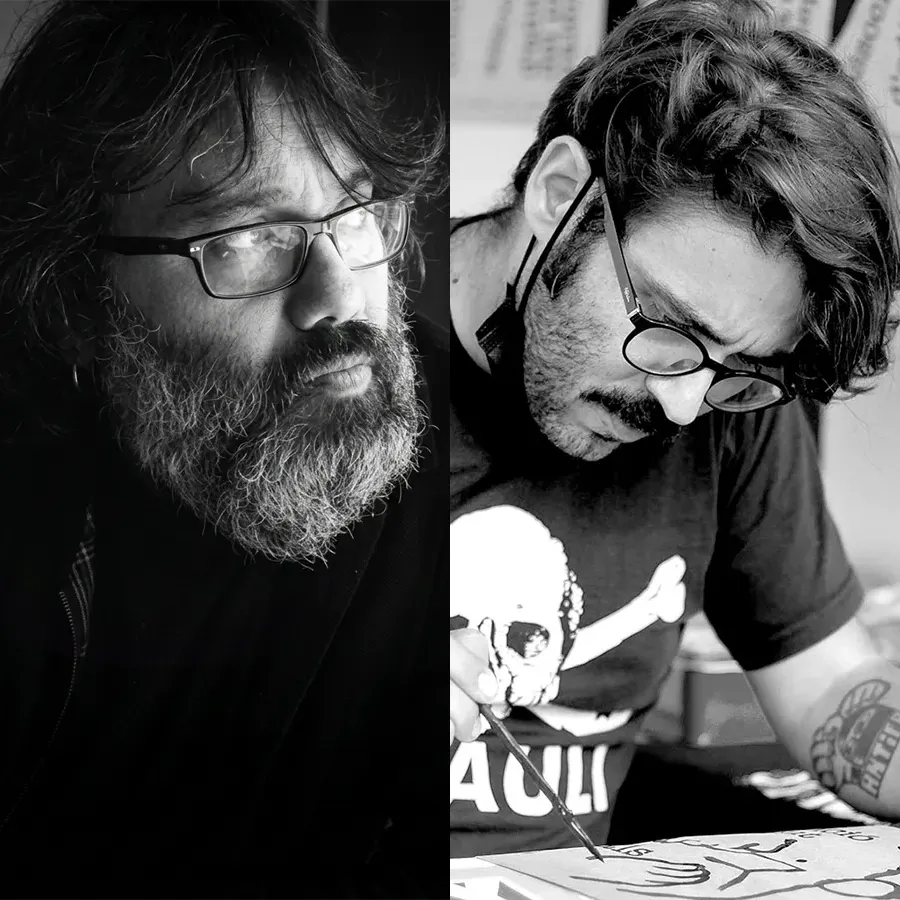 Retrato en branco e negro de Elías Tano e Manu Barreiro
