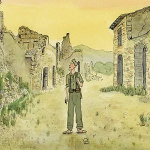 Ilustración de soldado no medio dunha ruinas dun pobo