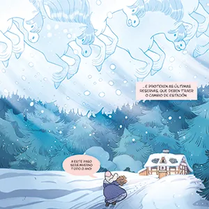 Ilustración de paisaxe nevada con unha cabaña e cabalos no ceo