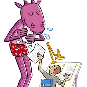 Ilustración de un debuxante dando un debuxo a un ser rosa con cornos