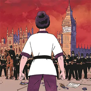 Ilustración de muller fronte a policias nas inmediacións do Big Ben