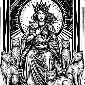 Ilustración a tinta de Óscar Lojo de una reina en un trono con gatos