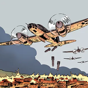 Ilustración de avión bombardeando unha poboación