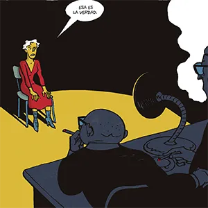 Ilustración de gran contraste dunha muller sendo interrogada