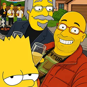 Ilustración de Bart Simpson e personaxes co estilo dos Simpson