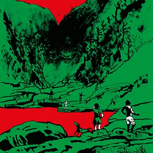 Ilustración de paisaxe con cores planas verde, negra e vermella