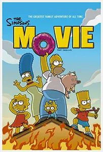 Cartel da película The Simpsons coa familia sobre un tellado ardendo
