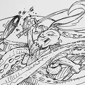 Ilustración en branco e negro dun polbo loitando